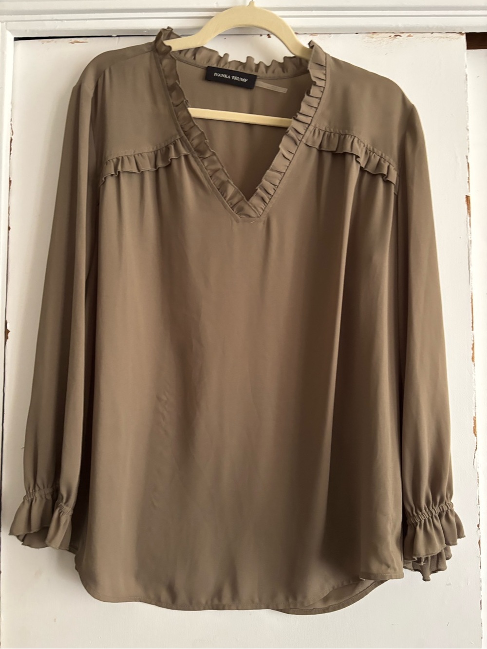 Ivanka Trump Taupe Ruffle V-Neck Long-Sleeve Blouse